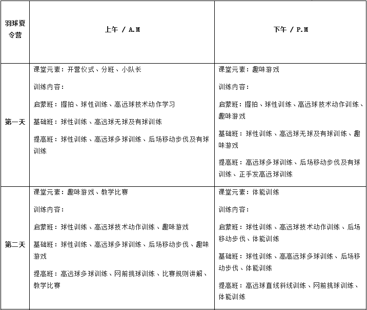 2018杭州青少年羽毛球夏令营活动安排