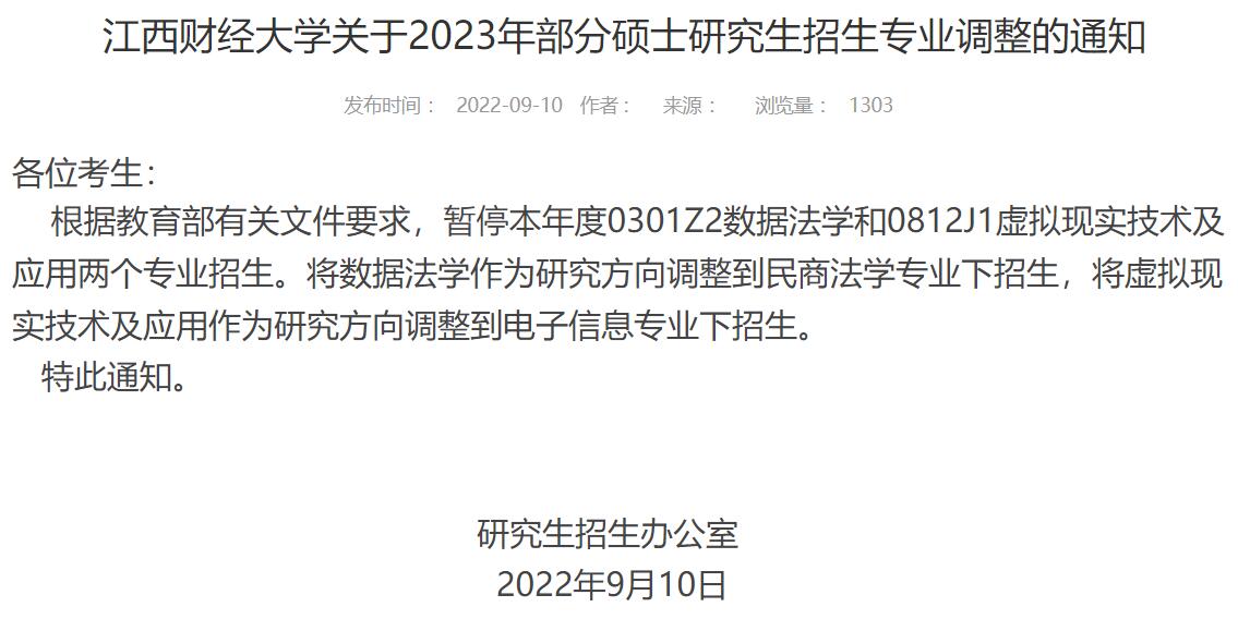 2023年江西财经大学部分硕士研究生招生专业调整