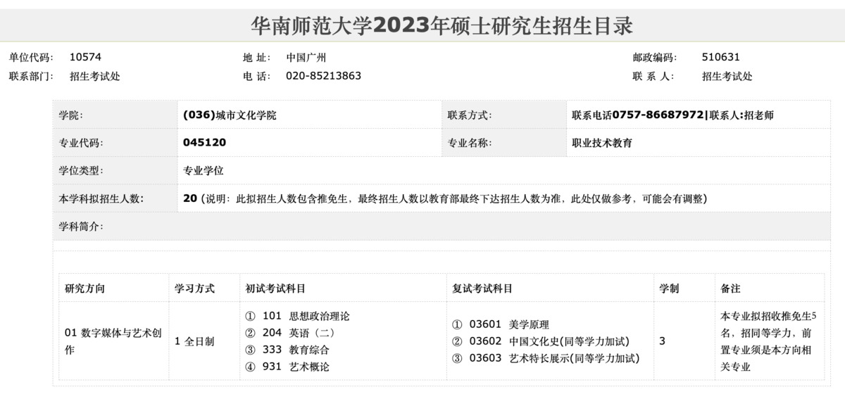 2023年华南师范大学艺术设计类专业招生目录