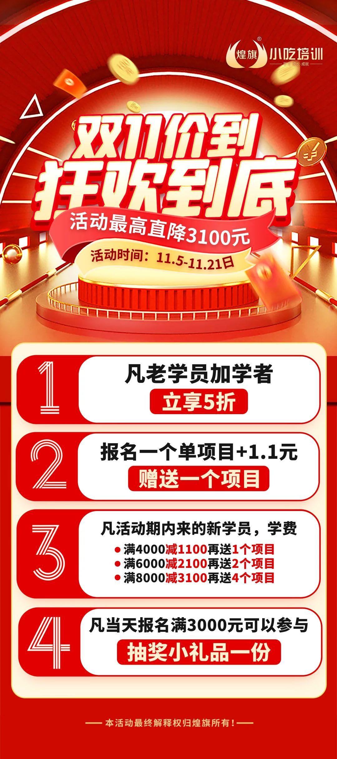 深圳煌旗双11巨惠到，报名小吃培训最高直降三千元！