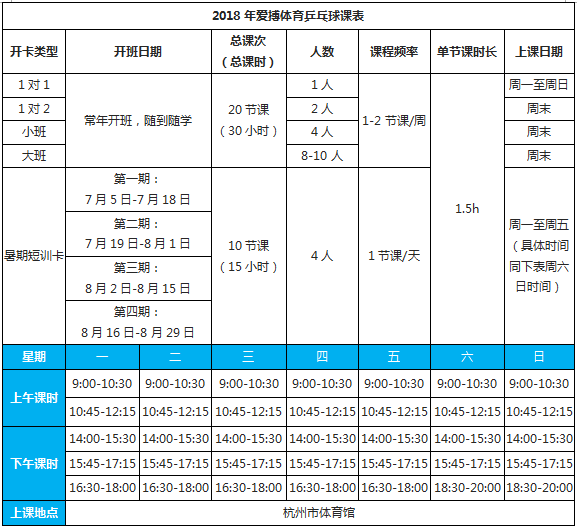 杭州市爱搏体育青少年儿童乒乓球培训课程安排表